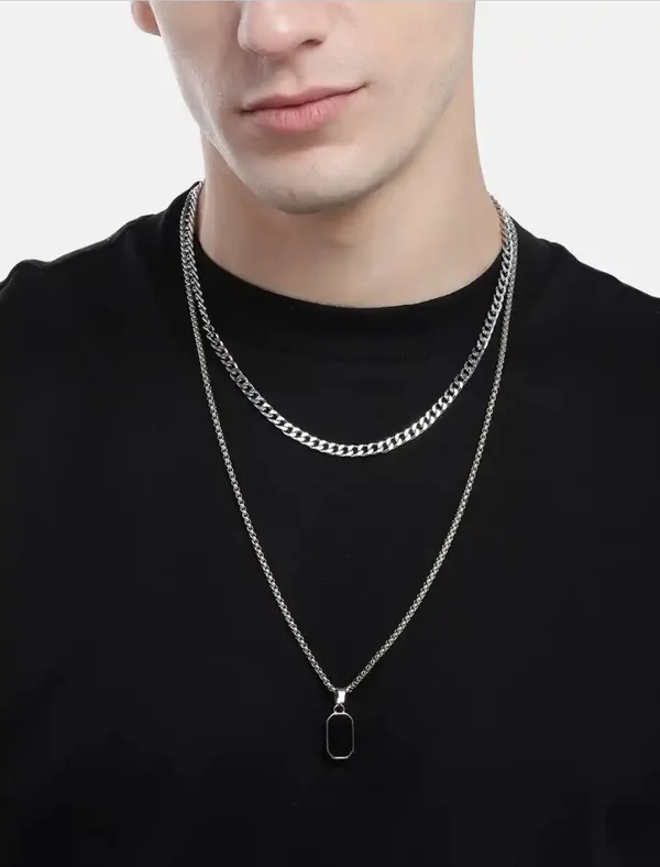 Unisex_Black_Rectangular_And_Silver_Chain_Stainless_Steel_Set_Of_2