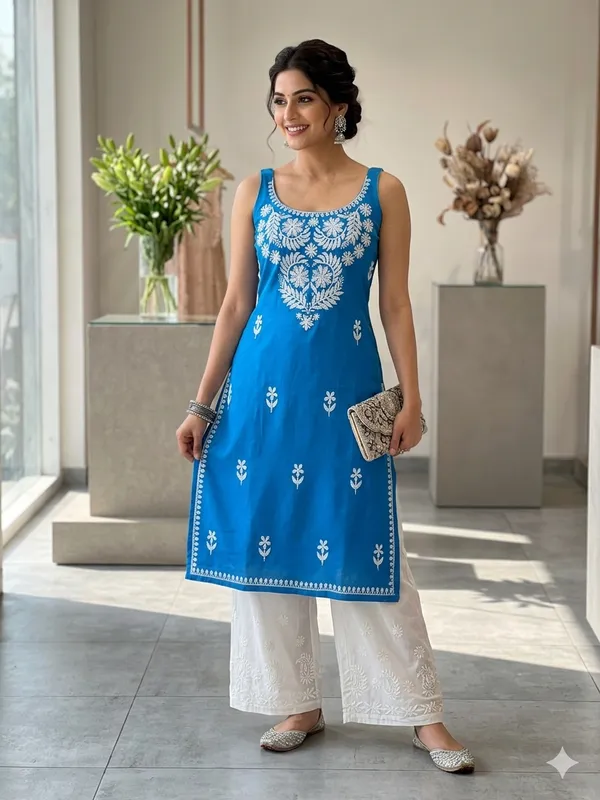 Azure_Blue_Rayon_Lucknowi_Chikankari_Embroidered_Kurti_with_Plazzo_Set-_Perfect_Office_&_Casual_Wear