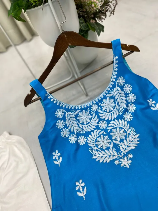 Azure_Blue_Rayon_Lucknowi_Chikankari_Embroidered_Kurti_with_Plazzo_Set-_Perfect_Office_&_Casual_Wear