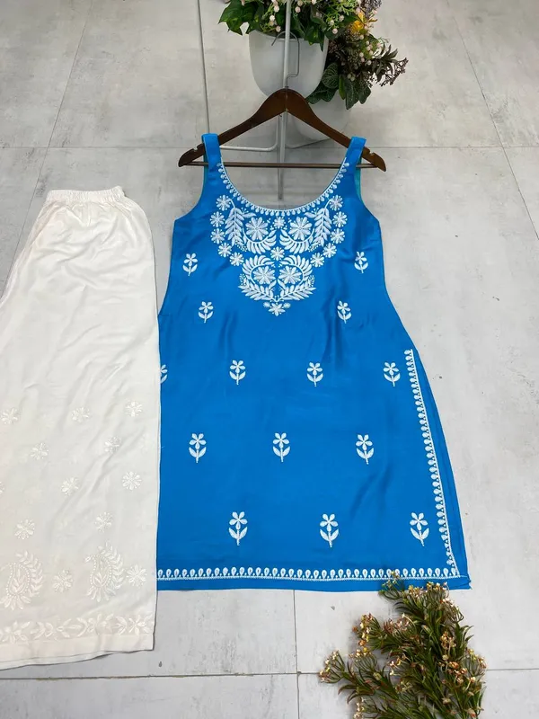 Azure_Blue_Rayon_Lucknowi_Chikankari_Embroidered_Kurti_with_Plazzo_Set-_Perfect_Office_&_Casual_Wear