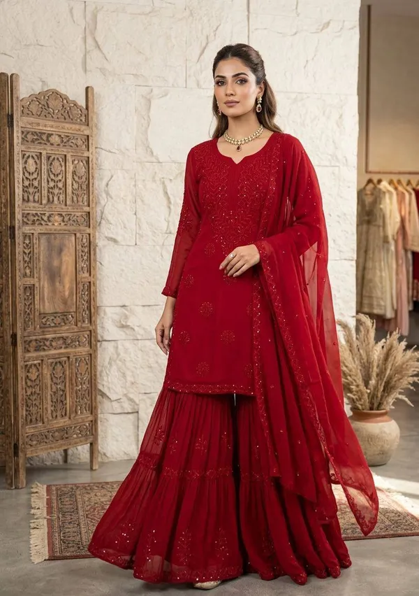 Elegant_Ruby_Red_Georgette_Sharara_Set_with_Embroidered_Sequence_Work