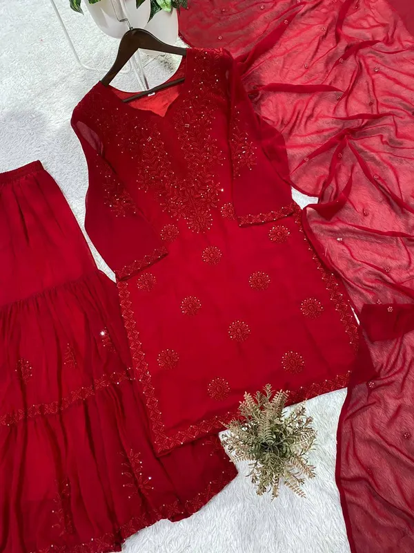 Elegant_Ruby_Red_Georgette_Sharara_Set_with_Embroidered_Sequence_Work