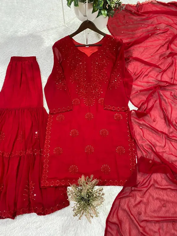 Elegant_Ruby_Red_Georgette_Sharara_Set_with_Embroidered_Sequence_Work