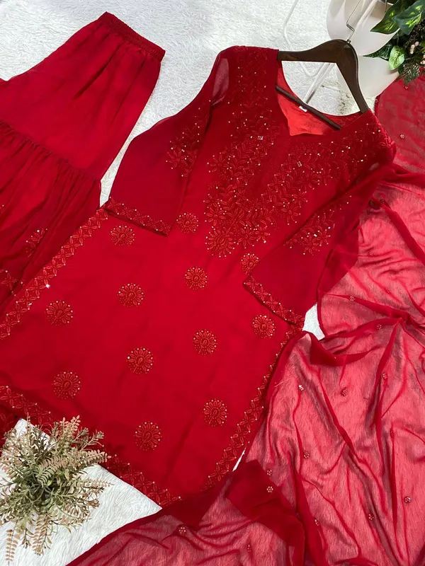 Elegant_Ruby_Red_Georgette_Sharara_Set_with_Embroidered_Sequence_Work