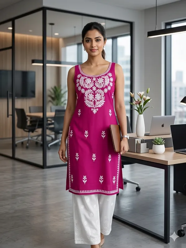 Hot_Pink_Rayon_Lucknowi_Chikankari_Embroidered_Kurti_with_Plazzo_Set-_Perfect_Office_&_Casual_Wear