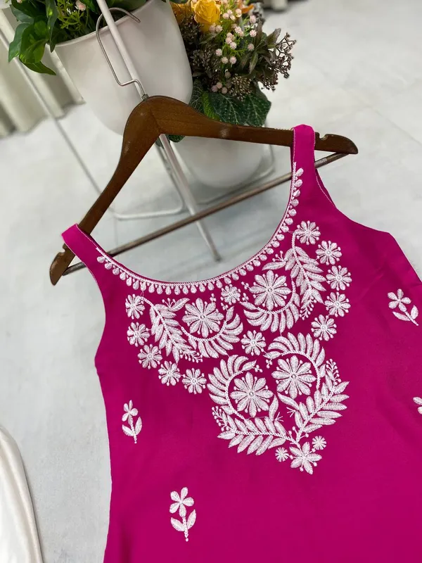 Hot_Pink_Rayon_Lucknowi_Chikankari_Embroidered_Kurti_with_Plazzo_Set-_Perfect_Office_&_Casual_Wear