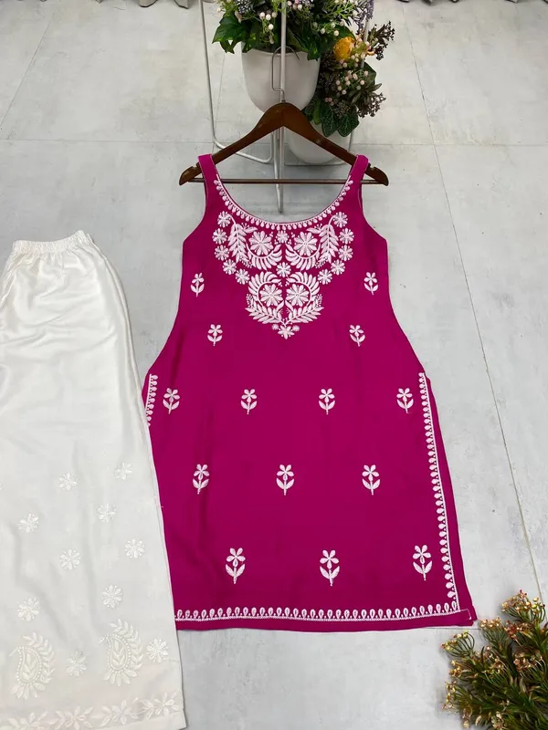 Hot_Pink_Rayon_Lucknowi_Chikankari_Embroidered_Kurti_with_Plazzo_Set-_Perfect_Office_&_Casual_Wear