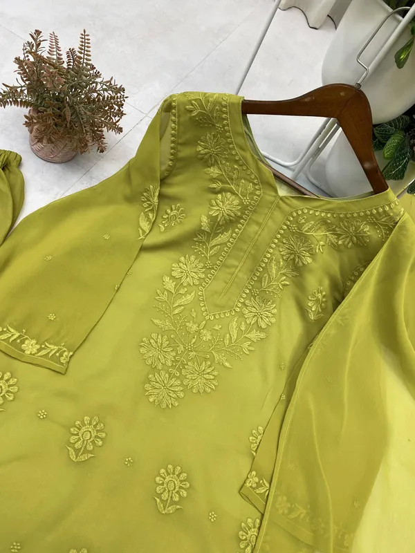 Premium_Olive_Green_Embroidered_Chikankari_Kurti_Set_with_Palazzo_&_Dupatta