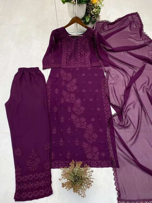 Premium_Wine_Georgette_Chikankari_Hand_Embroidery_Kurti_with_Palazzo_&_Dupatta_Set