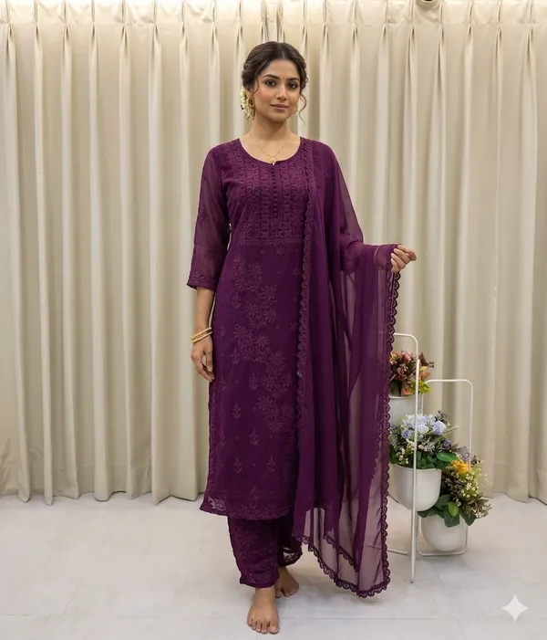 Premium_Wine_Georgette_Chikankari_Hand_Embroidery_Kurti_with_Palazzo_&_Dupatta_Set
