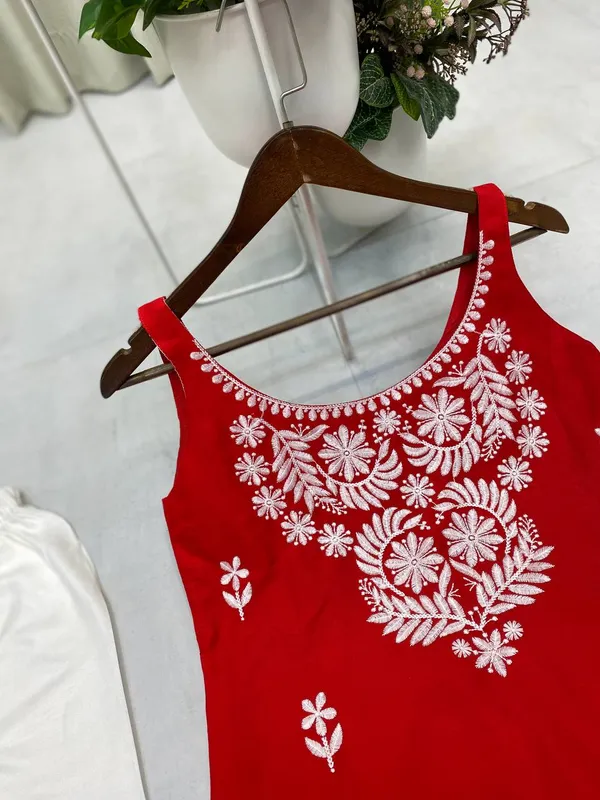 Red_Rayon_Lucknowi_Chikankari_Embroidered_Kurti_with_Plazzo_Set-_Perfect_Office_&_Casual_Wear