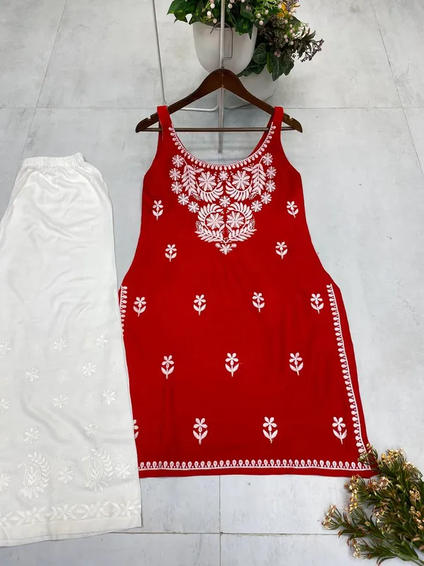 Red_Rayon_Lucknowi_Chikankari_Embroidered_Kurti_with_Plazzo_Set-_Perfect_Office_&_Casual_Wear