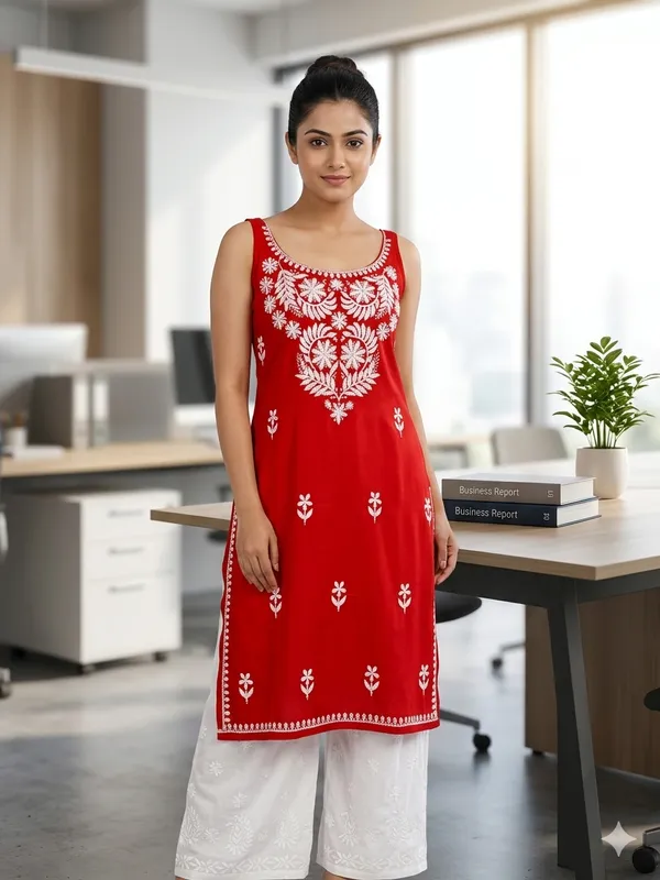 Red_Rayon_Lucknowi_Chikankari_Embroidered_Kurti_with_Plazzo_Set-_Perfect_Office_&_Casual_Wear