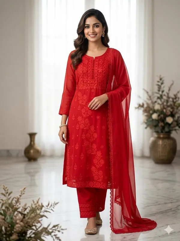 Premium_Red_Georgette_Chikankari_Hand_Embroidery_Kurti_with_Palazzo_&_Dupatta_Set