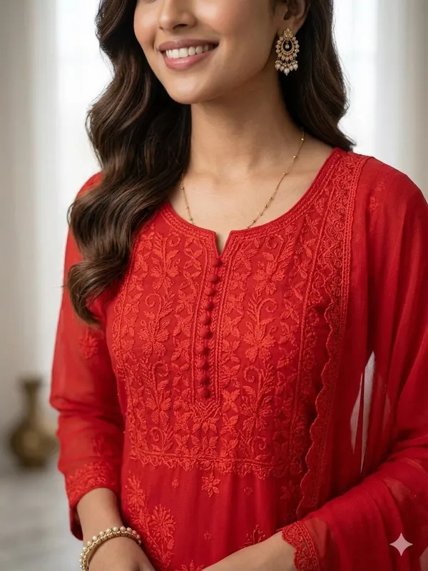 Premium_Red_Georgette_Chikankari_Hand_Embroidery_Kurti_with_Palazzo_&_Dupatta_Set