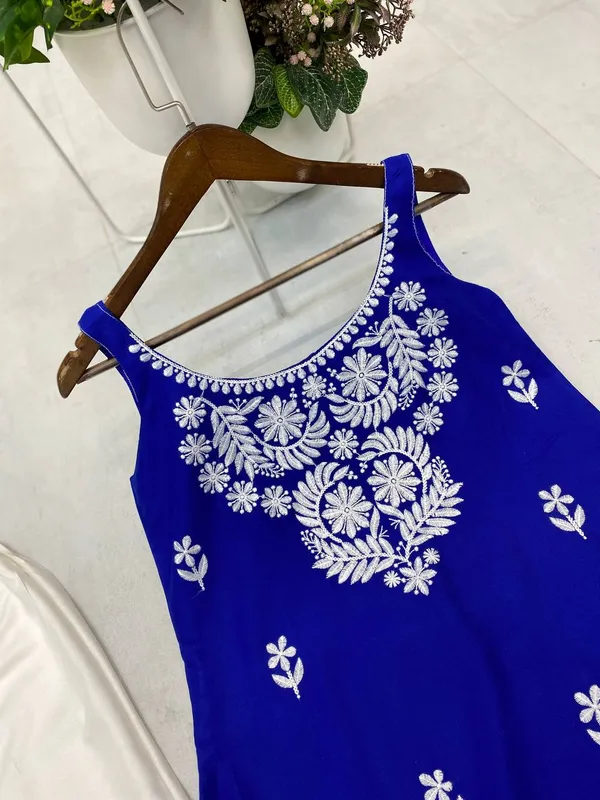 Royal_Blue_Rayon_Lucknowi_Chikankari_Embroidered_Kurti_with_Plazzo_Set-_Perfect_Office_&_Casual_Wear