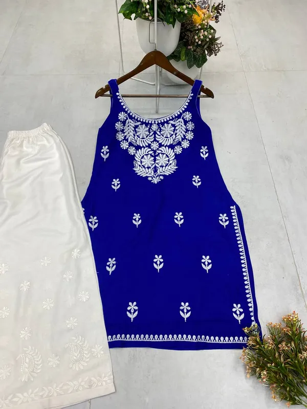 Royal_Blue_Rayon_Lucknowi_Chikankari_Embroidered_Kurti_with_Plazzo_Set-_Perfect_Office_&_Casual_Wear