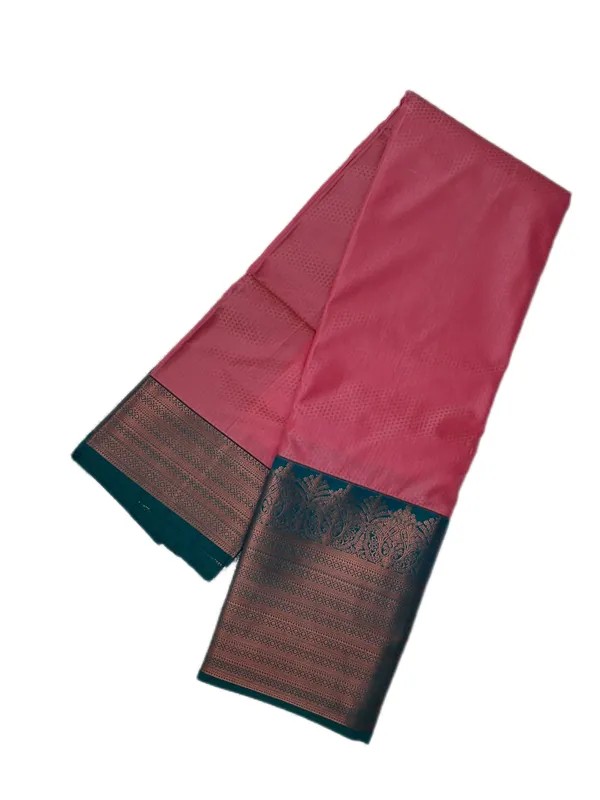 Rose_Pink_Body_With_Deep_Teal_Contrast_Border_Pure_Soft_Silk_Saree_With_Blouse