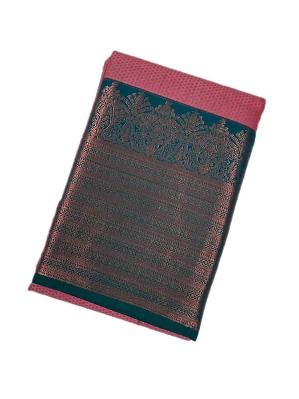 Rose_Pink_Body_With_Deep_Teal_Contrast_Border_Pure_Soft_Silk_Saree_With_Blouse