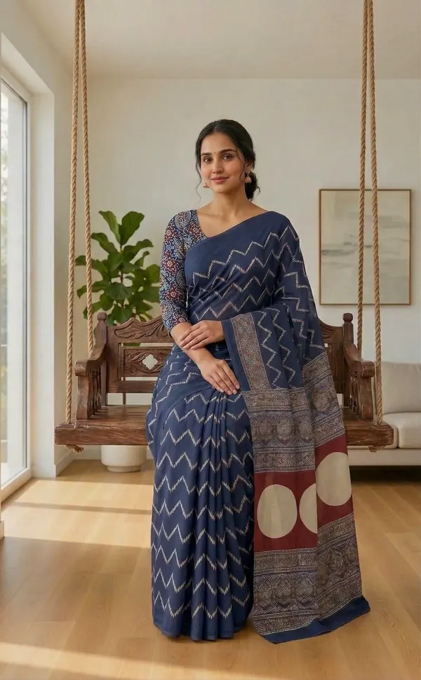Modal_Silk_with_Block_Print_saree_with_Blouse_-_Deep_Blue_with_Ivory_Chevron;_Heritage_Red_&_Beige_Accents