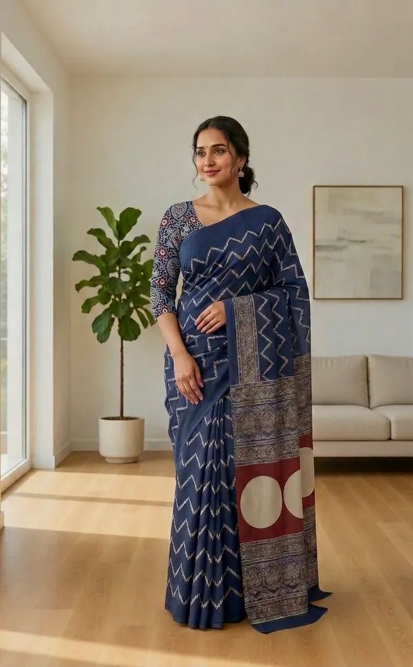 Modal_Silk_with_Block_Print_saree_with_Blouse_-_Deep_Blue_with_Ivory_Chevron;_Heritage_Red_&_Beige_Accents