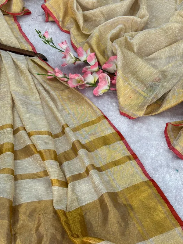 Tissue_crush_linen_silk_saree_with_blouse_-_Beige_colour_with_golden_zari_work