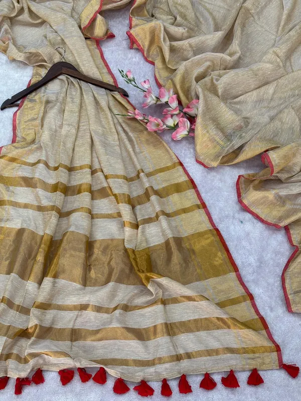 Tissue_crush_linen_silk_saree_with_blouse_-_Beige_colour_with_golden_zari_work