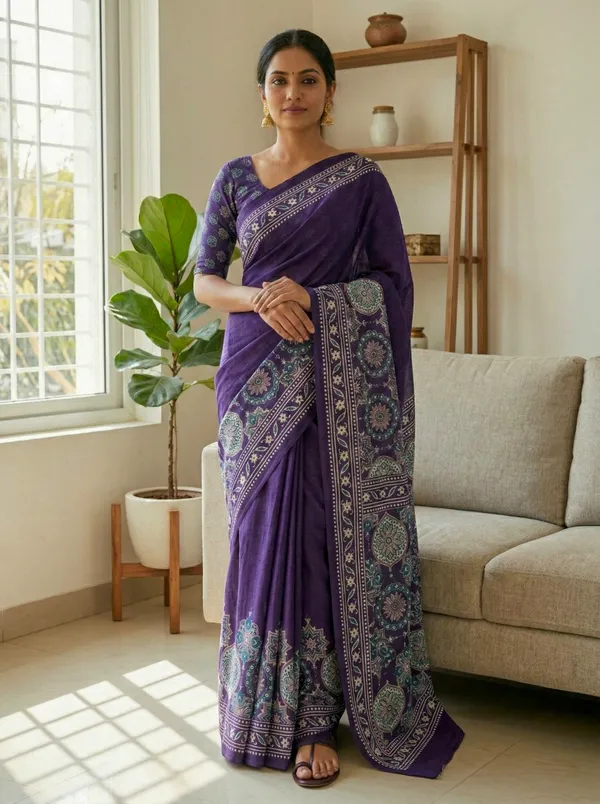 Modal_Silk_with_Block_Print_saree_with_Blouse_-_Deep_amethyst_/_twilight-purple_field_with_teal-blue,_ivory_&_beige_jaal
