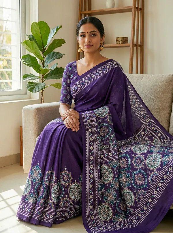Modal_Silk_with_Block_Print_saree_with_Blouse_-_Deep_amethyst_/_twilight-purple_field_with_teal-blue,_ivory_&_beige_jaal