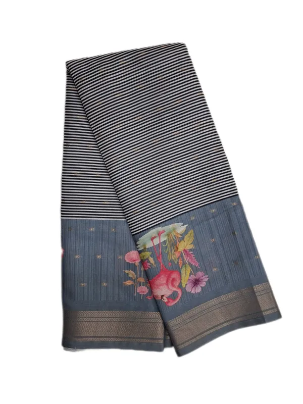 Fine_Black_And_Ivory_Striped_Weave_With_Subtle_Dot_Accents_And_Slate_Blue_Grey_Border_Fancy_Soft_Silk_Saree_With_Blouse