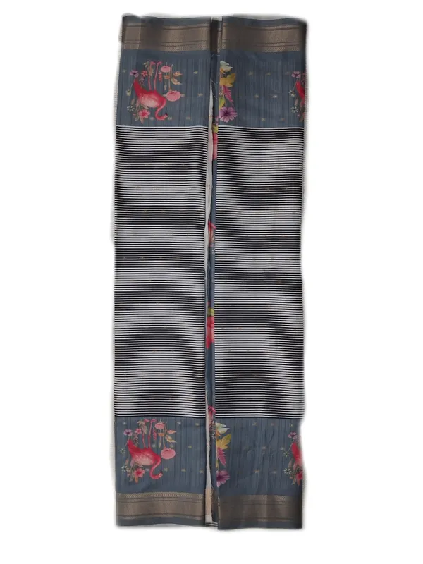 Fine_Black_And_Ivory_Striped_Weave_With_Subtle_Dot_Accents_And_Slate_Blue_Grey_Border_Fancy_Soft_Silk_Saree_With_Blouse