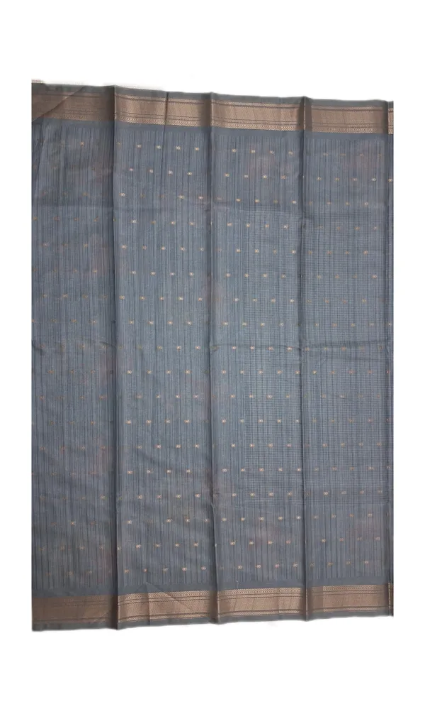 Fine_Black_And_Ivory_Striped_Weave_With_Subtle_Dot_Accents_And_Slate_Blue_Grey_Border_Fancy_Soft_Silk_Saree_With_Blouse