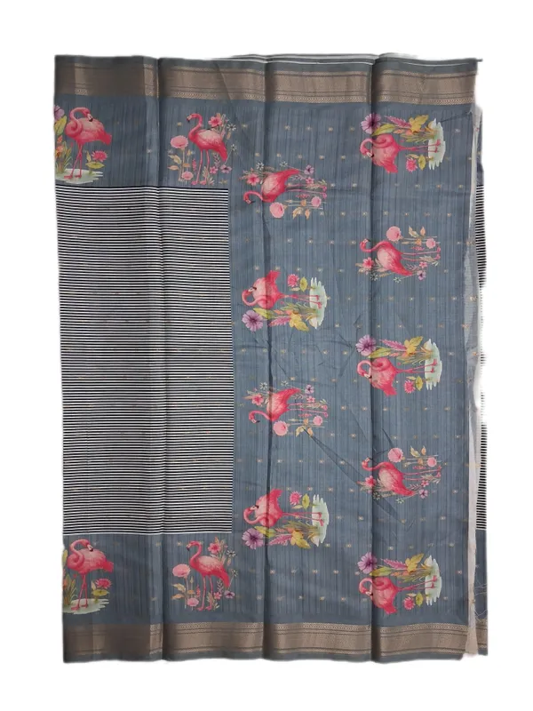 Fine_Black_And_Ivory_Striped_Weave_With_Subtle_Dot_Accents_And_Slate_Blue_Grey_Border_Fancy_Soft_Silk_Saree_With_Blouse