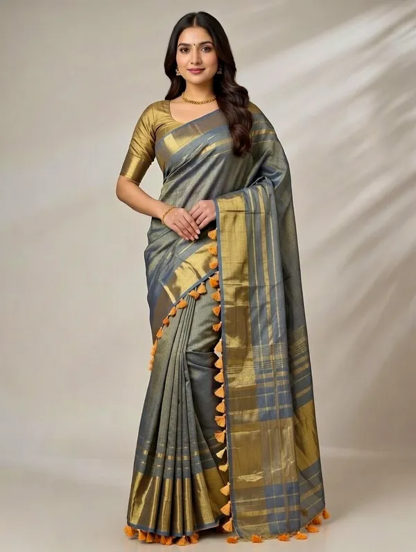 Tissue_crush_linen_silk_saree-_Blue_and_grey_colour_body_with_golden_zari_work