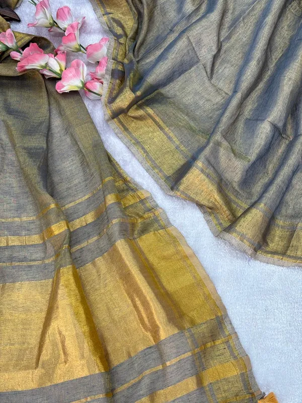 Tissue_crush_linen_silk_saree-_Blue_and_grey_colour_body_with_golden_zari_work