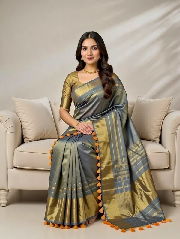Tissue_crush_linen_silk_saree-_Blue_and_grey_colour_body_with_golden_zari_work
