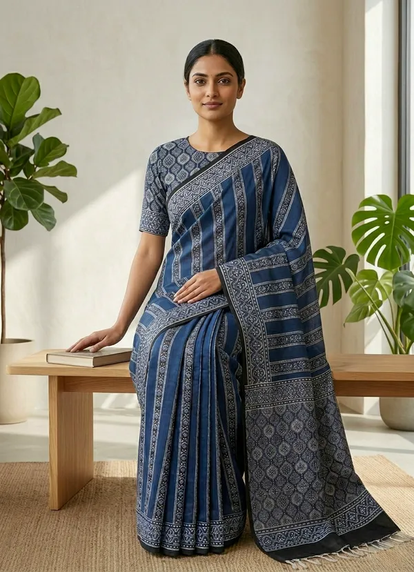 Modal_Silk_with_Block_Print_saree_with_Blouse_-Deep_Indigo_Blue_with_Ivory_&_Midnight_Accents