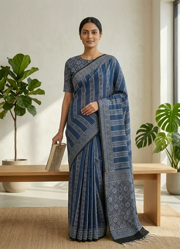 Modal_Silk_with_Block_Print_saree_with_Blouse_-Deep_Indigo_Blue_with_Ivory_&_Midnight_Accents