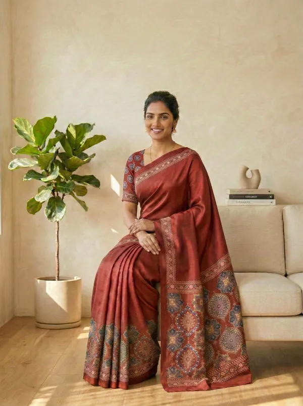 Modal_Silk_with_Block_Print_saree_with_Blouse_-_Rich_crimson-rouge_/_berry-red_field_with_ivory_&_navy_jaal