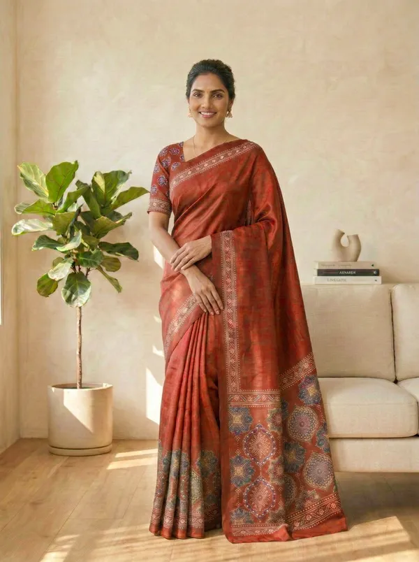 Modal_Silk_with_Block_Print_saree_with_Blouse_-_Rich_crimson-rouge_/_berry-red_field_with_ivory_&_navy_jaal