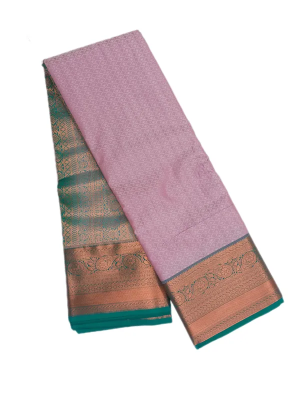 Blush_Mauve_With_Emerald_Green_Contrast_Border_Pure_Kanjivaram_Soft_Silk_Saree_With_Blouse