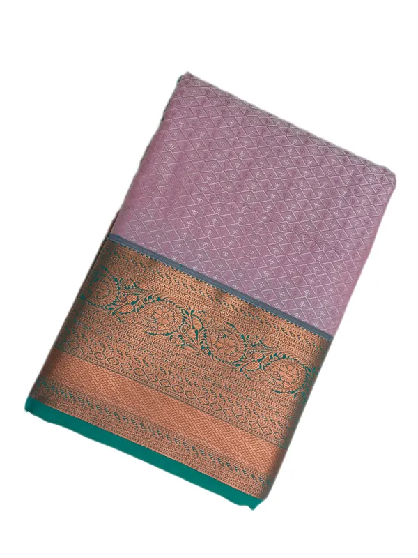Blush_Mauve_With_Emerald_Green_Contrast_Border_Pure_Kanjivaram_Soft_Silk_Saree_With_Blouse