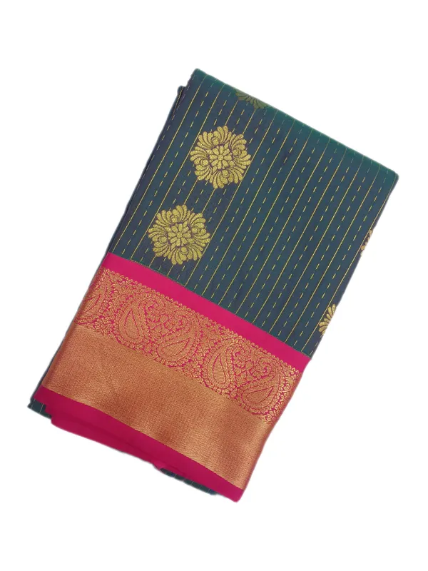 Emerald_Green_With_Rani_Pink_Contrast_Border_Pure_Kanjivaram_Soft_Silk_Saree_With_Blouse