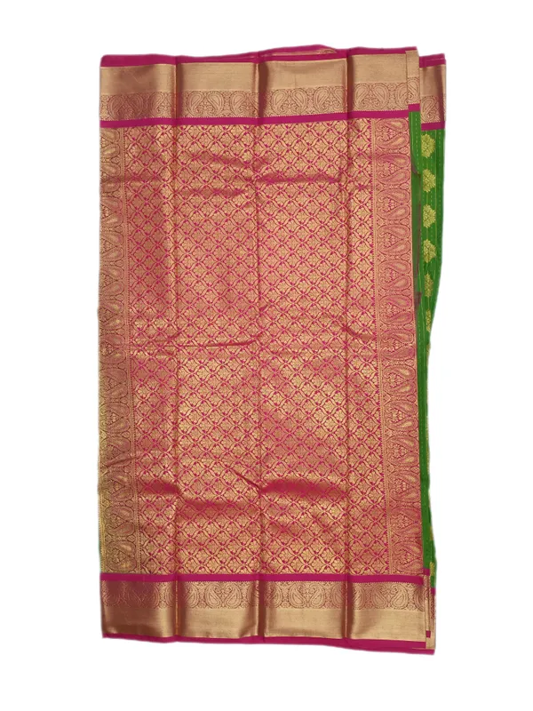 Parrot_Green_Body_With_Rani_Pink_Contrast_Border_Pure_Kanjivaram_Soft_Silk_Saree_With_Blouse