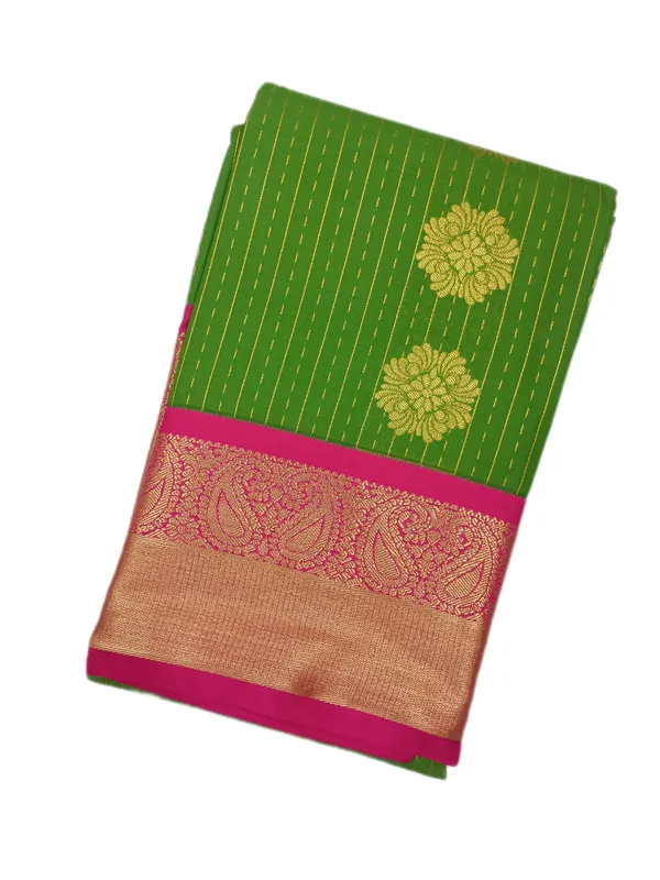 Parrot_Green_Body_With_Rani_Pink_Contrast_Border_Pure_Kanjivaram_Soft_Silk_Saree_With_Blouse
