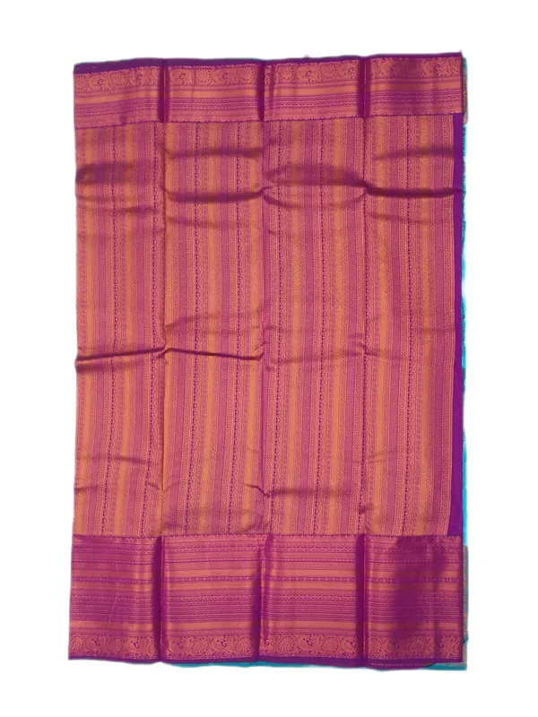 Tropical_Turquoise_Blue_With_Antique_Copper_Zari_Border_With_Contrast_Deep_Magenta_Zari_Pallu_Pure_Soft_Silk_Saree_With_Blouse