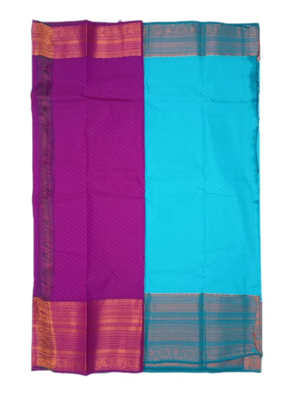 Tropical_Turquoise_Blue_With_Antique_Copper_Zari_Border_With_Contrast_Deep_Magenta_Zari_Pallu_Pure_Soft_Silk_Saree_With_Blouse