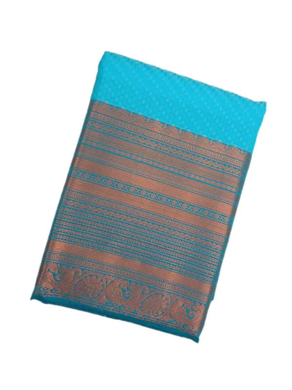 Tropical_Turquoise_Blue_With_Antique_Copper_Zari_Border_With_Contrast_Deep_Magenta_Zari_Pallu_Pure_Soft_Silk_Saree_With_Blouse