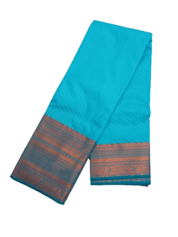 Tropical_Turquoise_Blue_With_Antique_Copper_Zari_Border_With_Contrast_Deep_Magenta_Zari_Pallu_Pure_Soft_Silk_Saree_With_Blouse