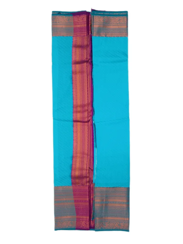 Tropical_Turquoise_Blue_With_Antique_Copper_Zari_Border_With_Contrast_Deep_Magenta_Zari_Pallu_Pure_Soft_Silk_Saree_With_Blouse
